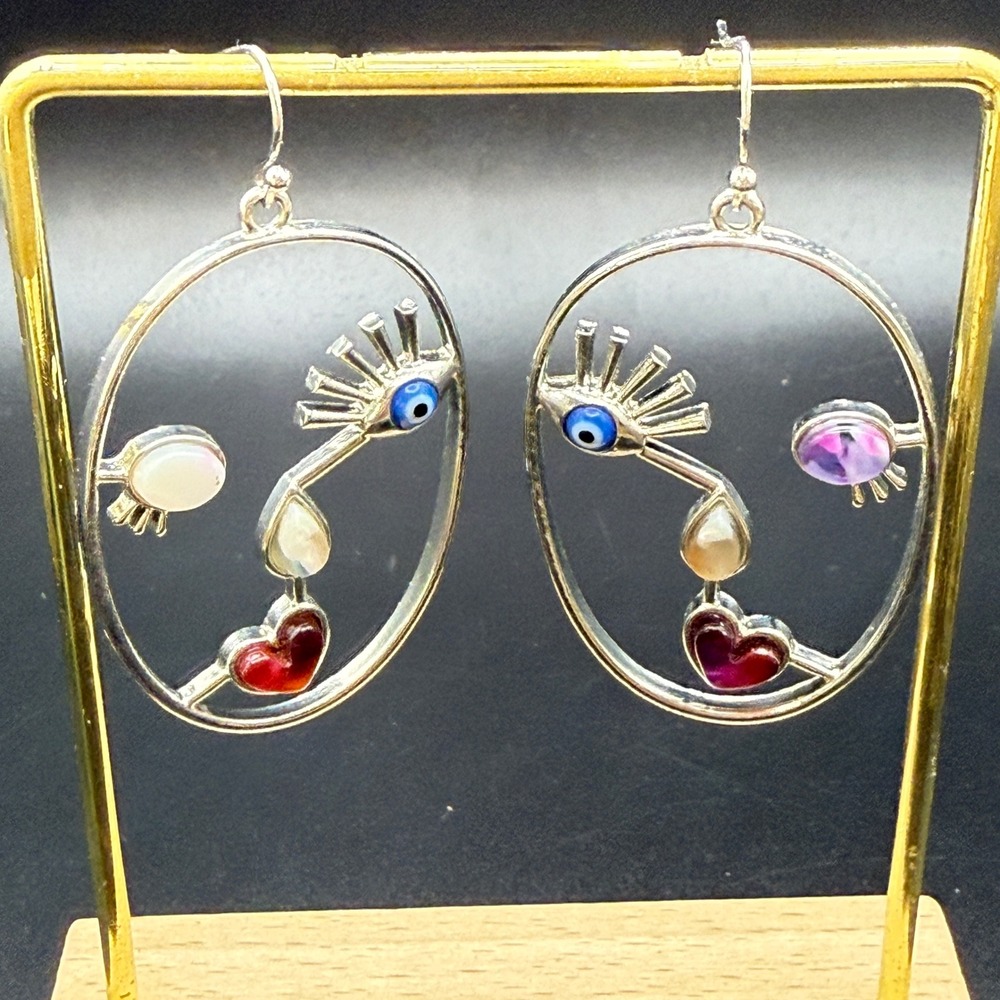 Abstract Face Evil Eye Heart Silver Tone Oval Hoop Drop Earrings Surrealist Art